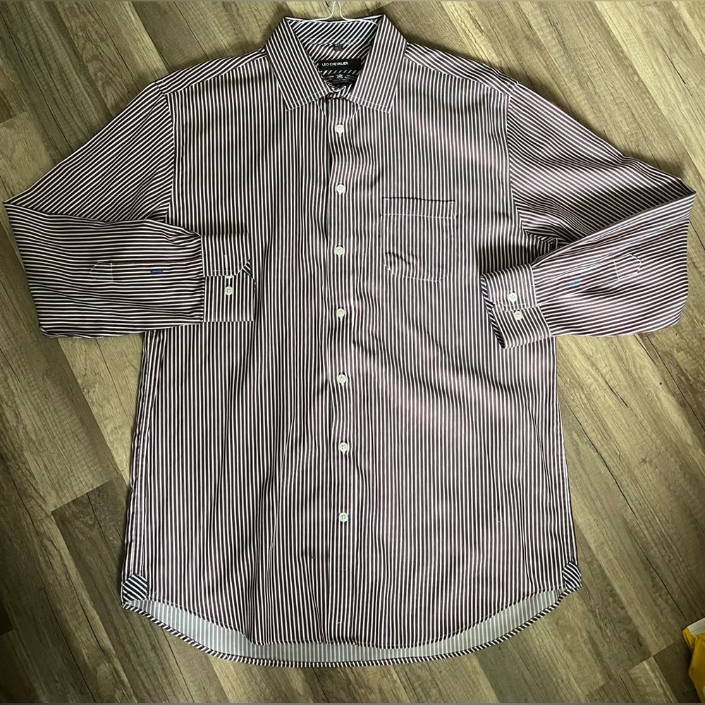 Mens Leo Chevalier No -Iron Brown Striped Shirt Sz L